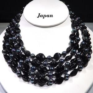 Vintage Japan Black Beaded Necklace, Iridescent Accent Beads, 1950s, 16 Inches